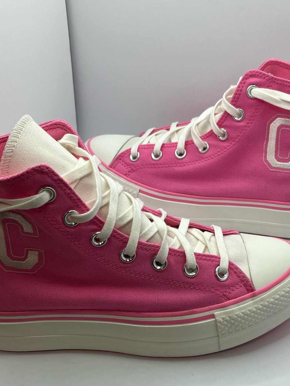 Converse Chuck Taylor Lift Platform Retro Varsity “Oops” Pink Canvas Sneaker - Picture 4 of 8